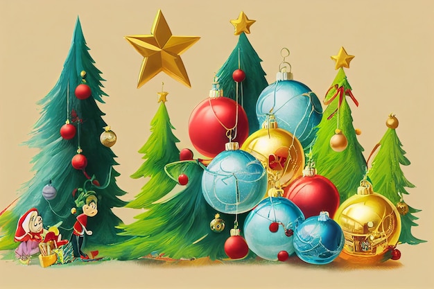 Postal vintage de Feliz Navidad con un árbol de Navidad presenta cajas de regalo, juguetes y adornos