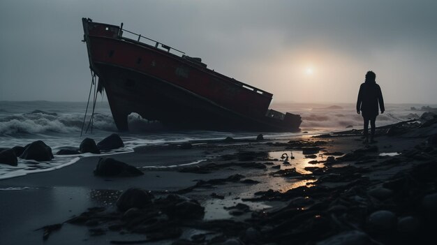 Postapocalíptica puesta de sol Un viejo barco rojo en la playa