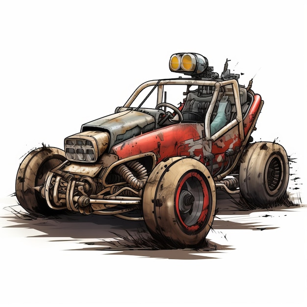Postapocalyptic Gokart Ilustração Rusty Truck Inspirado em Ação em Estilo de Comic Book
