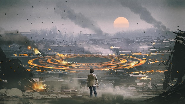 Postapokalypse-Szene, die den Mann zeigt, der in einer zerstörten Stadt steht und einen mysteriösen Kreis auf dem Boden betrachtet, digitaler Kunststil, Illustrationsmalerei