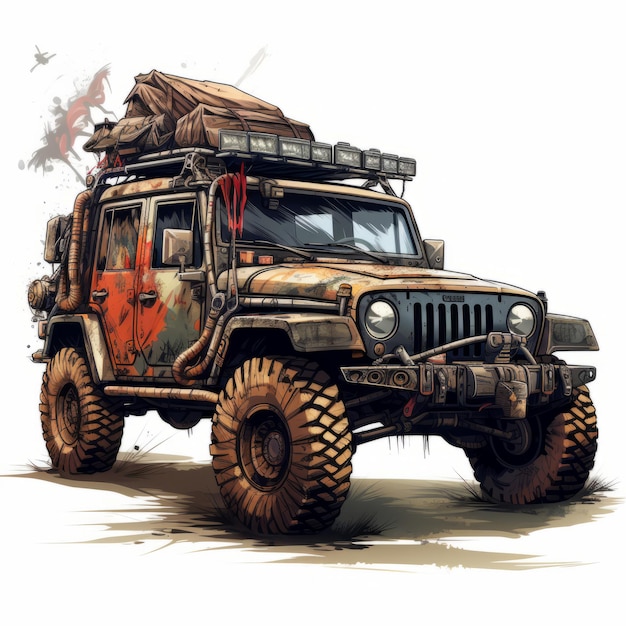 Postapokalyptische Jeep-Illustration auf weißem Hintergrund