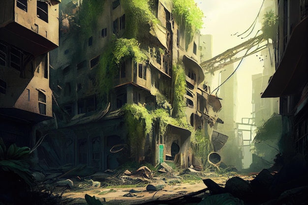 Postapokalyptisches Stadtbild aus zerfallenden Gebäuden und überwuchertem Grün, erstellt mit generativer KI