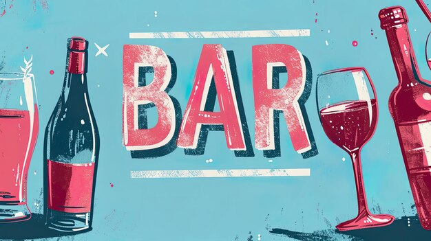 Foto póstar de bar retro con bar de texto con sensación vintage y vasos de botellas de vino