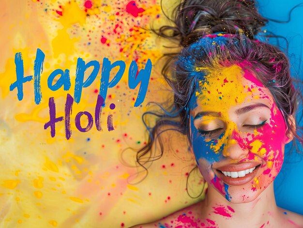 Póstar del festival de Holi Mujer sonriendo con el texto de Feliz Holi