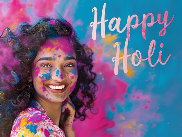 Póstar del festival de Holi Mujer sonriendo con el texto de Feliz Holi