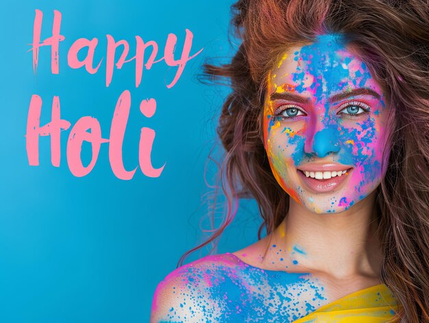 Póstar del festival de Holi Mujer sonriendo con el texto de Feliz Holi