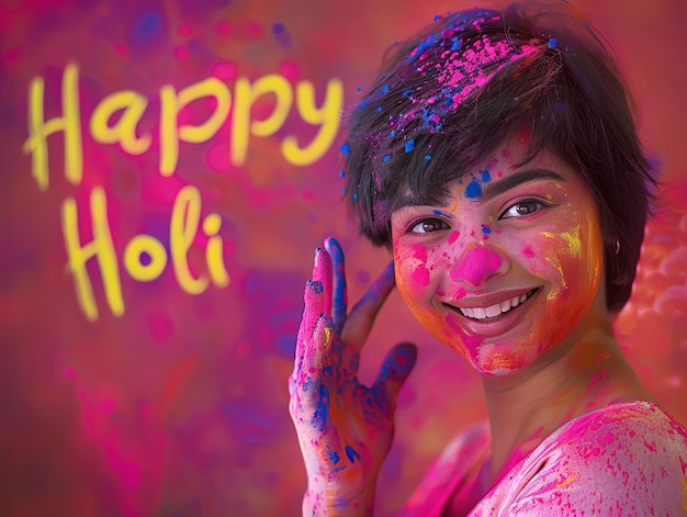 Póstar del festival de Holi Mujer sonriendo con el texto de Feliz Holi