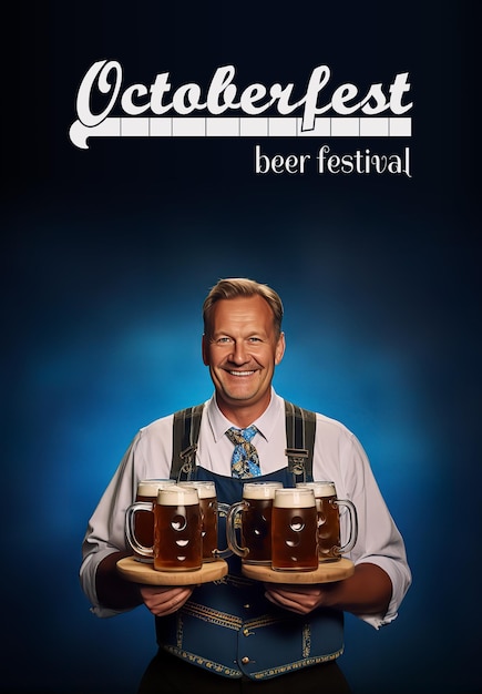 Póstar del Oktoberfest con un hombre feliz sonriente sirviendo tazas de cerveza estandarte del festival de cerveza