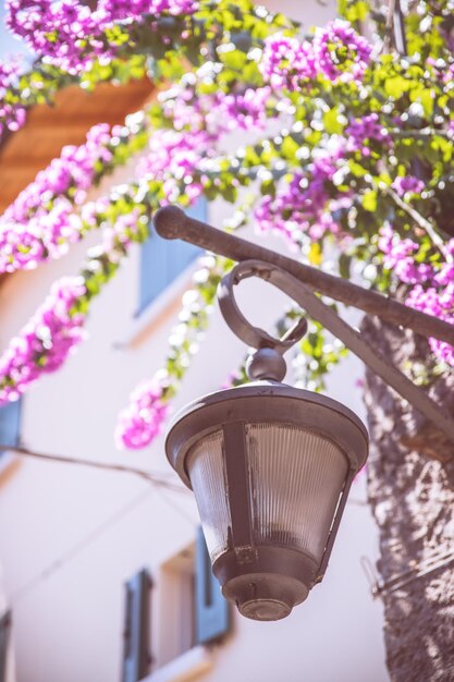 Poste de luz com flores em uma idílica vila italiana