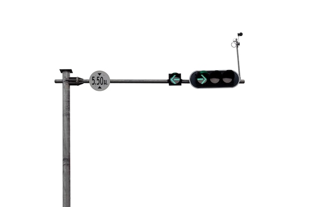 Poste de semáforo mostrando as luzes verdes para virar à esquerda e à direita, isolado no fundo branco.