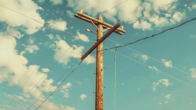 Un poste de energía vintage con brazos cruzados de madera de pie contra un cielo azul