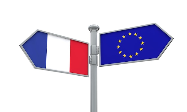 Poste indicador de Francia y la Unión Europea Moviéndose en diferentes direcciones Representación 3D