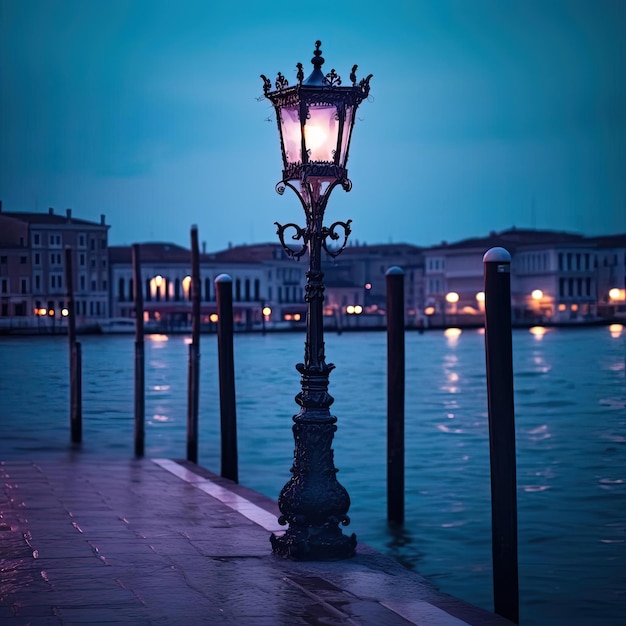 poste de lámpara en el agua al anochecer en Venecia en el estilo de azul cielo claro y cian oscuro
