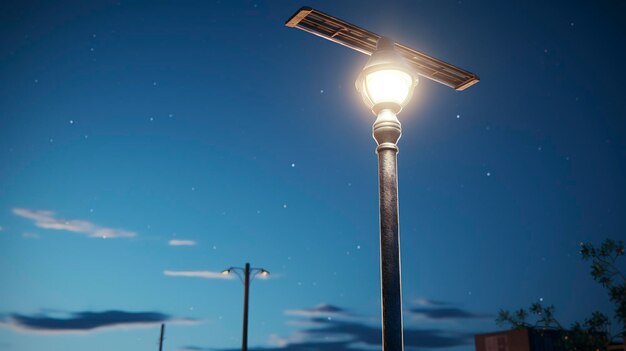 un poste de lámpara con una lámpara de calle en él y la luna en el fondo