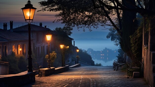 Foto un poste de lámpara solitario ilumina una calle de adoquines por la noche proyectando un acro de brillo cálido y acogedor