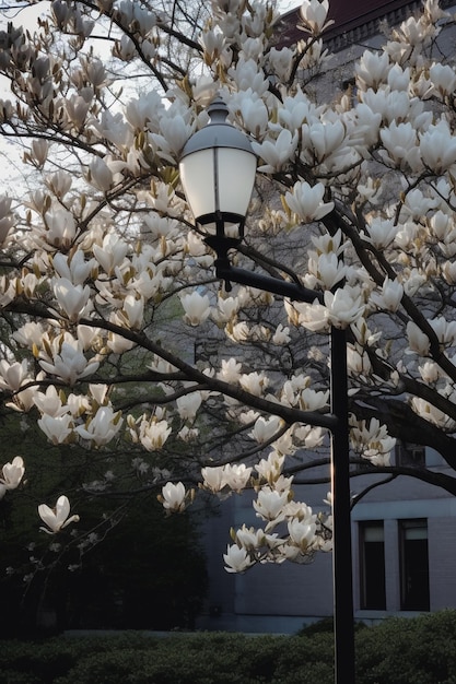 poste de luz araffe con un árbol de flores blancas en el fondo ai generativo