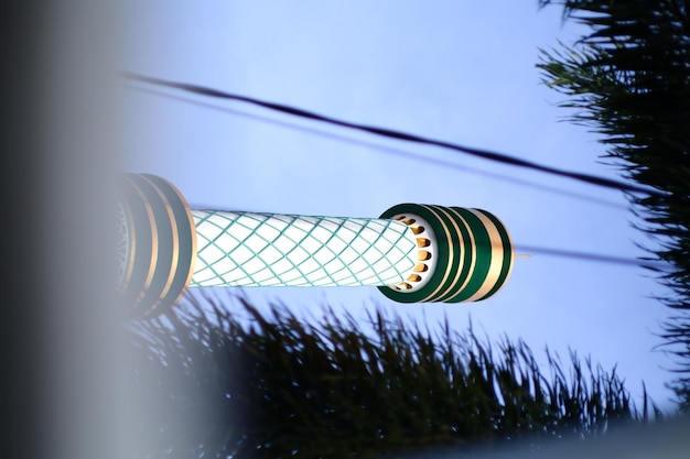 Un poste de luz frente a un árbol.