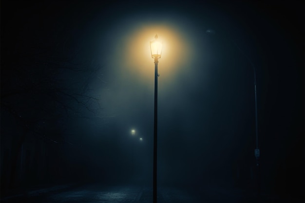 Foto el poste de luz nocturno brilla misteriosamente a través de la niebla nocturna ofreciendo espacio para copiar