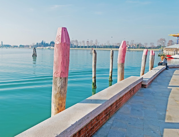 Poste de madera rosa en la laguna de Venecia