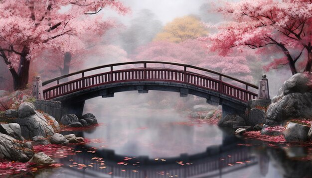 Un póster 3D de un puente japonés tradicional en miniatura que cruza un arroyo de cerezas en flor que caen p