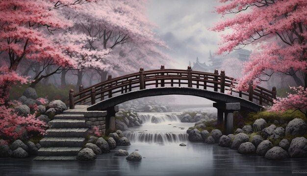 Un póster 3D de un puente japonés tradicional en miniatura que cruza un arroyo de cerezas en flor que caen p