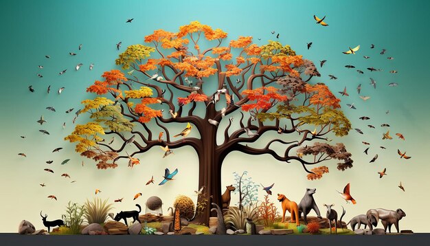 un póster 3D que representa un árbol elegante simplista con varias siluetas de animales como hojas