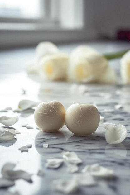 Un póster 3D con un simple par de trufas de chocolate blanco