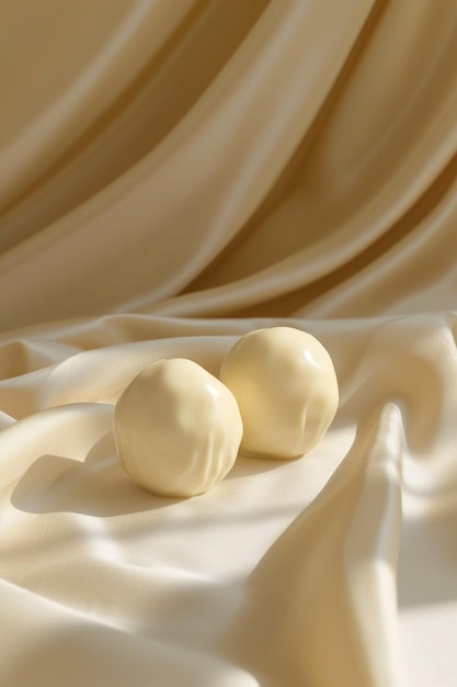 Un póster 3D con un simple par de trufas de chocolate blanco