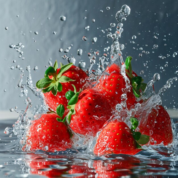 Foto poster de agua de fresa salpicadura de agua fondo de color sólido generado por ia