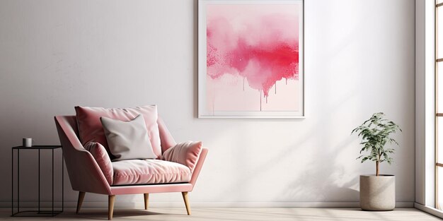 Poster an der Wand im gemütlichen Wohnzimmer mit rosa und rotem Sessel und Kissen auf dem Sofa