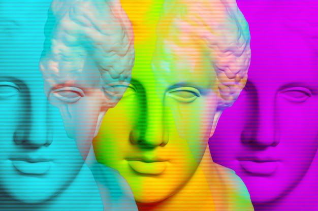 Póster de arte conceptual moderno con tres coloridas estatuas antiguas de la cabeza de Venus de Milo. Collage de arte contemporáneo. Concepto de carteles de estilo de onda retro.