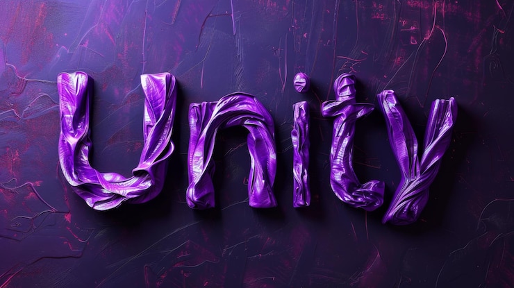 Foto poster de arte conceptual de trabajo en equipo colaborativo violet la palabra unidad hecha en letras texturizadas
