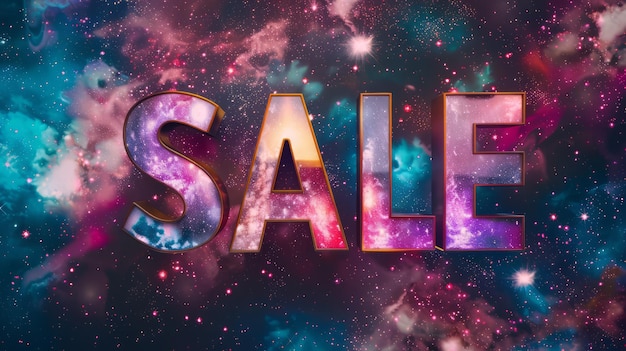 Foto poster de arte conceptual de venta del universo la palabra venta hecha en letras texturadas ilustración horizontal ai