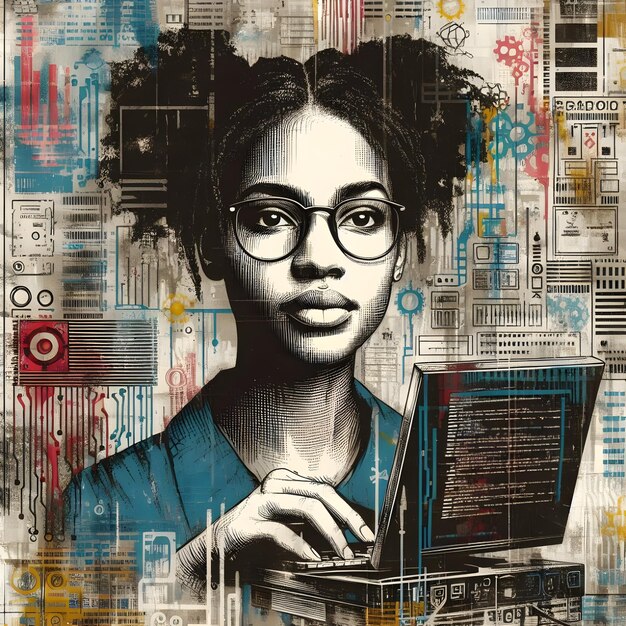 Poster Arte digital de uma mulher africana pensativa com laptop em meio a elementos tecnológicos abstratos