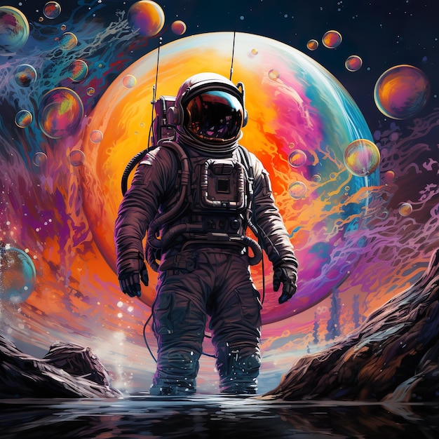 Foto póster astronauta em paisagem alienígena de ilustração de bolhas de sabão