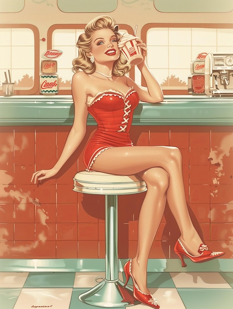 Poster aus den fünfziger Jahren Ein Mädchen in einem roten Kleid in einer Bar trinkt einen Cocktail Pinup