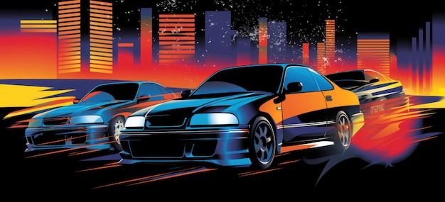 Un póster de un automóvil con pintura azul y naranja.