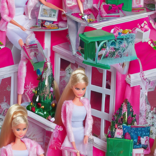 Foto el póster de barbie, la muñeca de estilo ken santa claus, el año nuevo de 2024, el póster de navidad rojo, azul y rosa.