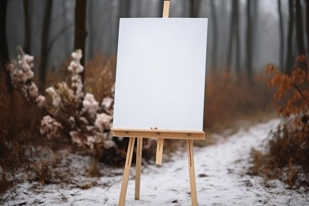 póster blanco en el caballete en la ceremonia de bodas estilo invierno