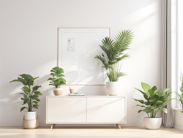 Póster en blanco de elegancia minimalista encima del armario con planta blanca