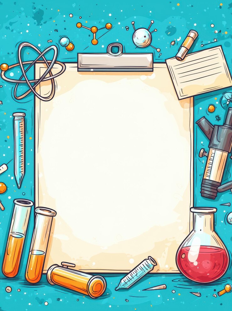 Foto poster branco em branco com borda temática científica com tubos de ensaio, moléculas e um copo ideal para materiais educacionais, apresentações científicas ou projetos acadêmicos que precisam de gráficos científicos vibrantes
