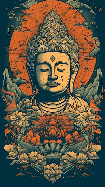 Un póster de un buda con cara y flores.