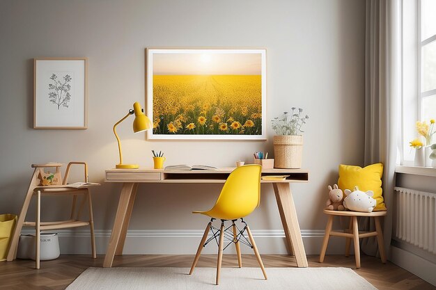 Foto poster en caballete junto al escritorio de madera y la silla blanca en el interior de la habitación de los niños con lámpara amarilla