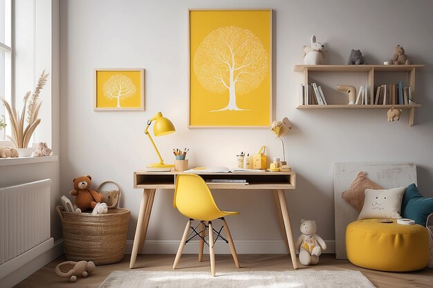 Foto poster en caballete junto al escritorio de madera y la silla blanca en el interior de la habitación de los niños con lámpara amarilla