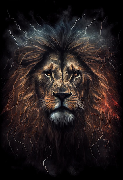 El póster de la cabeza de león ardiente renderizado por IA