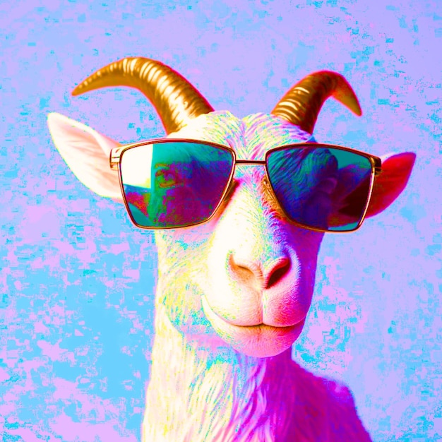 Un póster de una cabra con gafas de sol con fondo morado.