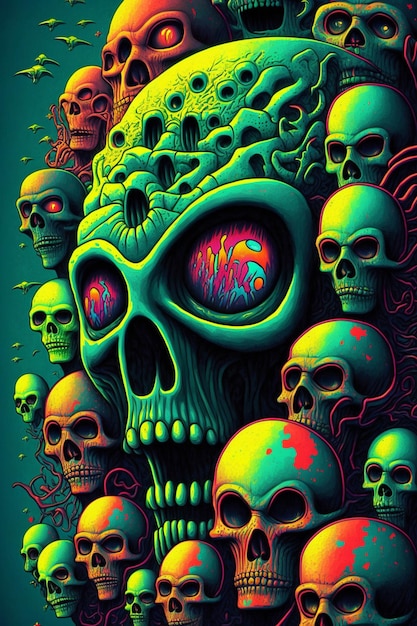 Un póster de una calavera con muchas calaveras.