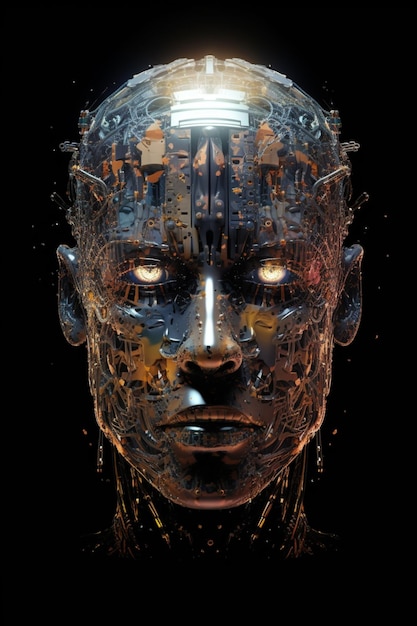 Un póster de una cara de robot con la palabra robot en él.