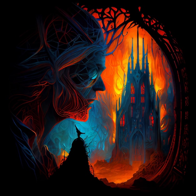Un póster de un castillo de fantasía con una mujer con un vestido azul y naranja.