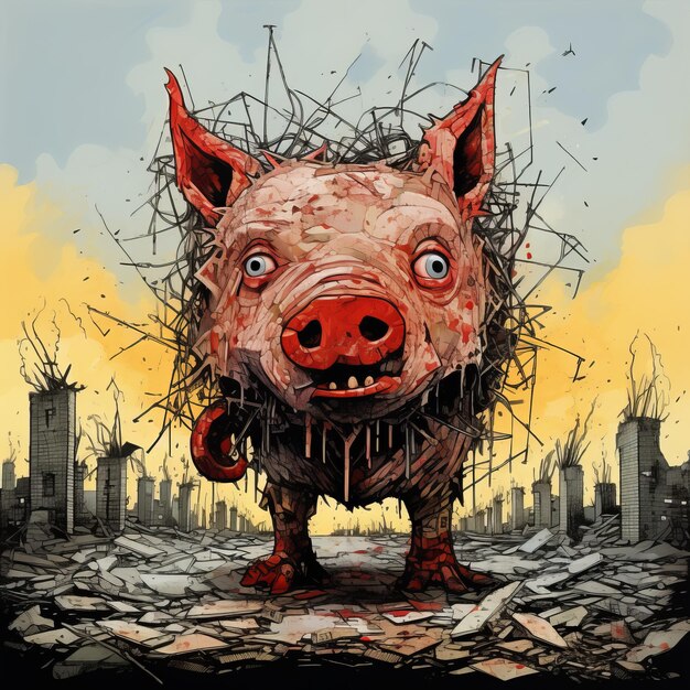 Foto poster de un cerdo desintegrado con una carga emocional de horror surrealista